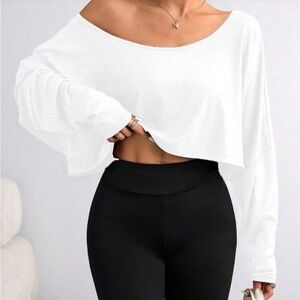 White Off-Shoulder Cropped Long-Sleeve Top